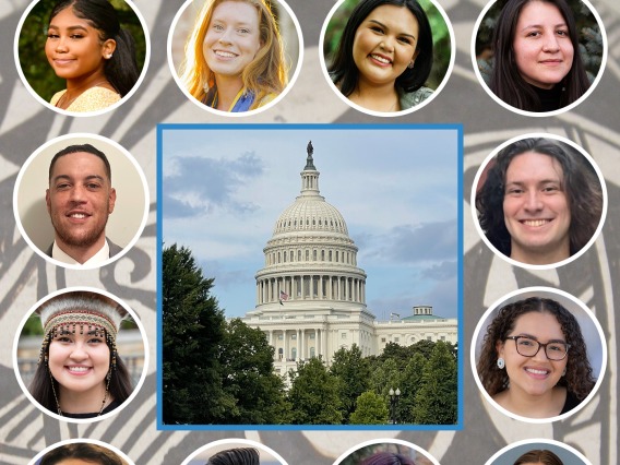 A grid showing portraits of the 2024 Native American Congressional Interns around an image of the U.S. Capitol building.