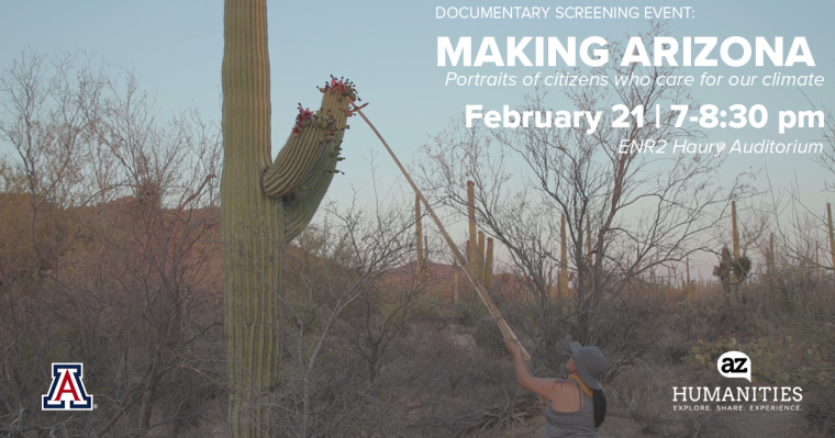 A screenshot from the film shows Jacelle Ramon-Sauberan harvesting saguaro fruit. Text on the image offers details about the premiere screening in Tucson.