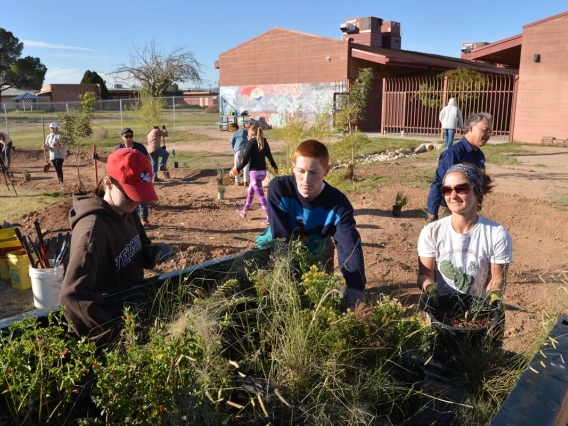 Construction of green infrastructure that will direct stormwater to native trees and grasses they are planting to improve the landscape at Star Academic High School.