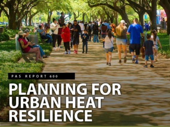 Cover of the Planning for Urban Heat Resilience Report, showing a photo of a crowded public walkway shaded with several trees.