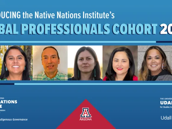 A graphic show the portraits of the seven new Tribal Professional Cohort members against a blue background