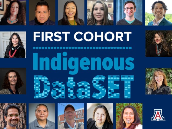 Portraits of all 15 selected scholars arranged around the perimeter of a dark blue rectangle. Text in the center reads "First Cohort Indigenous DataSET."