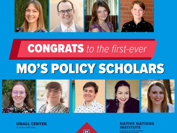 A blue graphic with red highlights features portraits of the first nine students selected as 2023 Mo's Policy Scholars. Copy reads "Congrats to the first ever Mo's policy Scholars" 