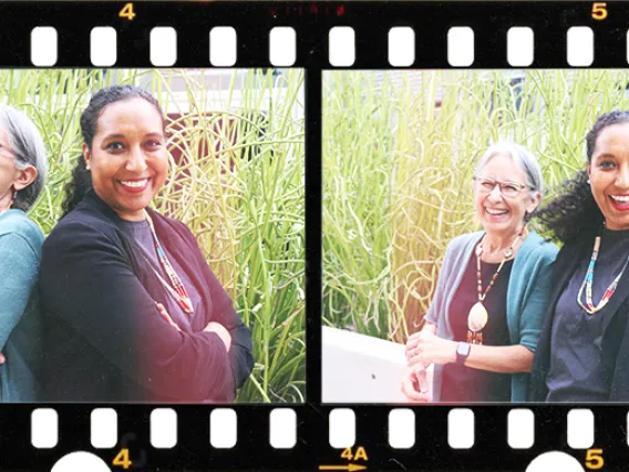 Two panels in a flim strip show Natsu Tailor Saito in a blue cardigan standing back-to-back with her daughter Akilah Kinnison in a black cardigan in front of a planter full of succulent plants. The panel to the right is in the same location but features both subjects facing the camera and laughing.