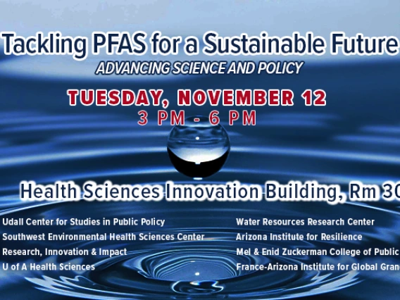 Image of a water droplet with details about the Nov 12, 2024 PFAS event