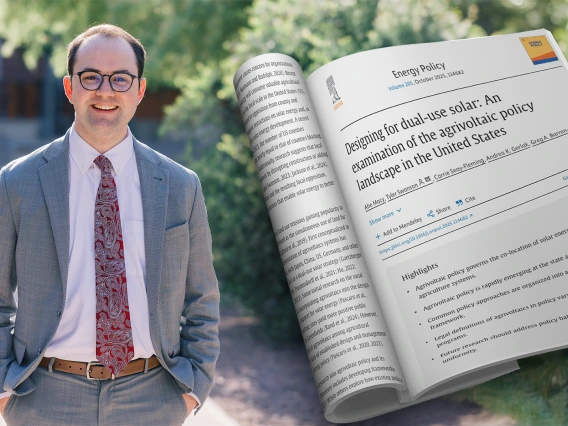 Portrait of Abe Macy in a gray suit outdoors next to a mockup of his journal article