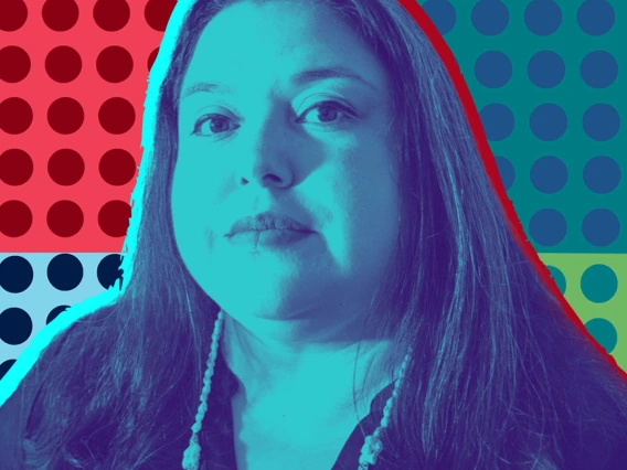 Multi-colored graphic showing a portrait of Naomi Tom with a blue tone