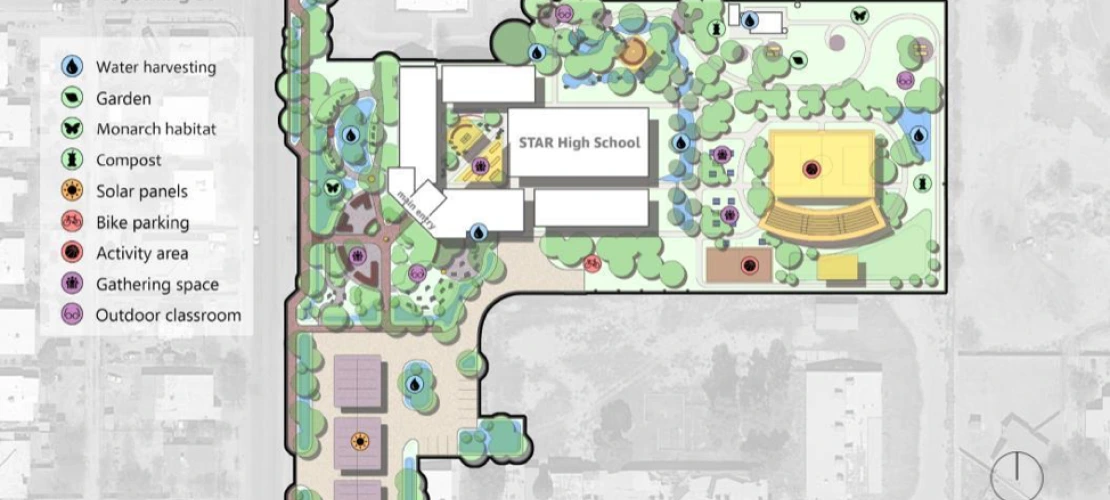 The master plan provides a variety of unique, comfortable, and multi-use spaces that foster learning through sustainable design and sense of place. Design elements specifically address the lack of green infrastructure in a vulnerable neighborhood.