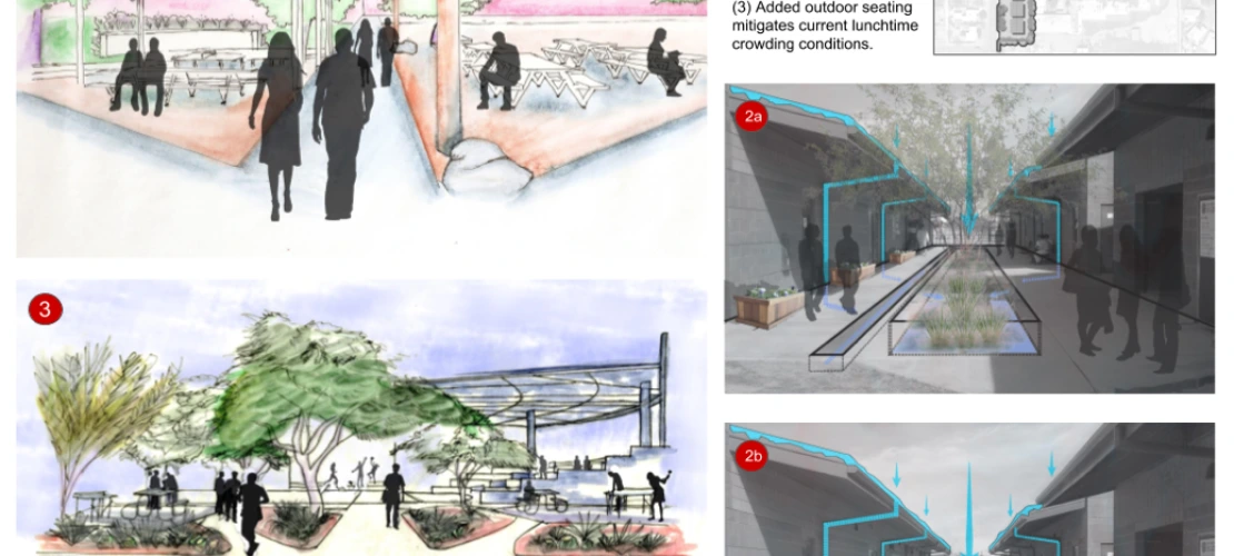 Perspectives 1-3 show the approach and entry of several spaces within the western portion of the site. Perspective 1 illustrates the shaded seating along the mosthighly used space of the site, the courtyard area. Perspective 2a and 2b show alternative approaches to the corridor area connecting the courtyard and the basketball court area. Perspective 3 illustrates the outdoor shaded seating areas that will ultimately reduce the current dense conditions existing within the courtyard area (especially during lu