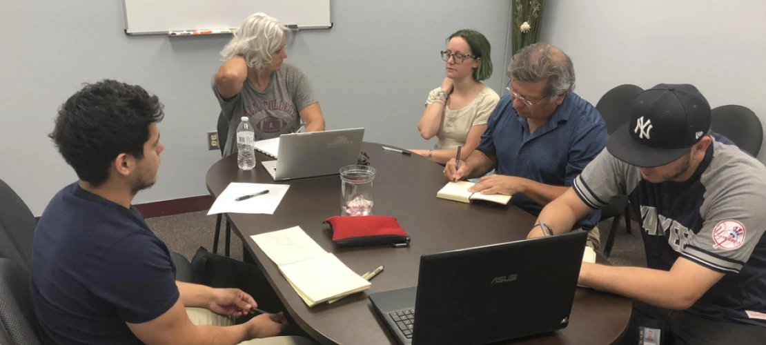 Design revisions meeting with STAR high school representatives. Participants include: Principal at STAR High School, Marsha Flores; Science teacher, Rene Corrales; Assistant principal Joel Palomores; Project coordinator, Adriana Zuniga-Teran; and MLA students Grace Stoner and Isaac Palomo.