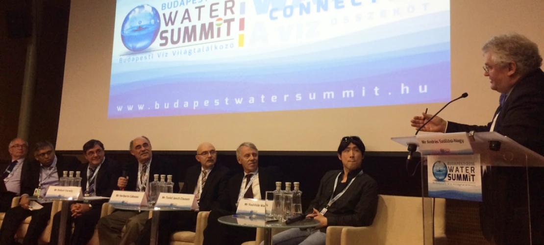 High-level panel for Science and Technology Forum (Varady, fourth from left; chair András Szöllösi-Nagy, right; photo by S. Megdal)