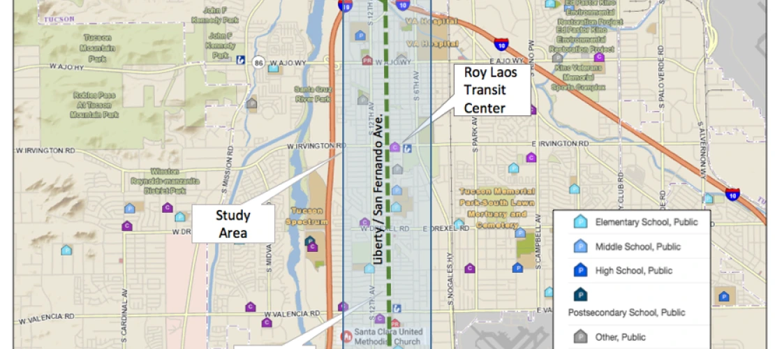 Proposed greenway and impact area that includes parks, schools, and other amenities (adapted from Pima County map). 