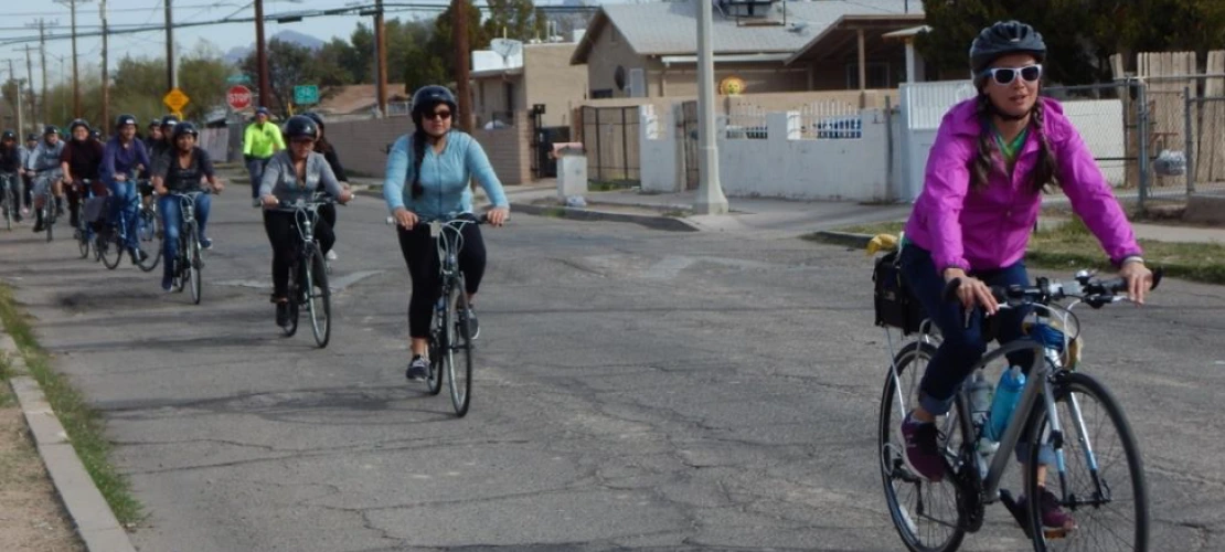 Joaquin Murrieta and Rebeka Denson guided a bike tour with Hollinger middle school students along Liberty Boulevard, Tucson