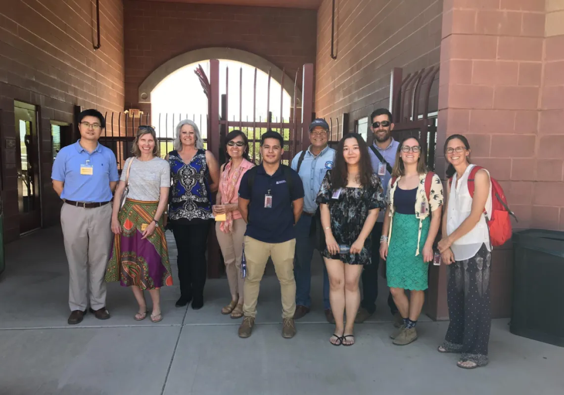 Final Design Presentation Held at STAR High School. Left to right:Dr. Bo Yang, PLA, School of Landscape Architecture and Planning; Dr. Andrea Kristen Gerlak, School of Geography & Development; Mrs. Marsha Flores, Principal, STAR school representative, Jury Member; Dr. Adriana A. Zuniga-Teran, Udall Center for Studies in Public Policy, School of Landscape Architecture and Planning, University of Arizona; Isaac Palomo, MLA Student; Dr. Joaquin Murrieta-Saldivar, Cultural Ecologist, WMG; Jinqiao Deng, MLA stud