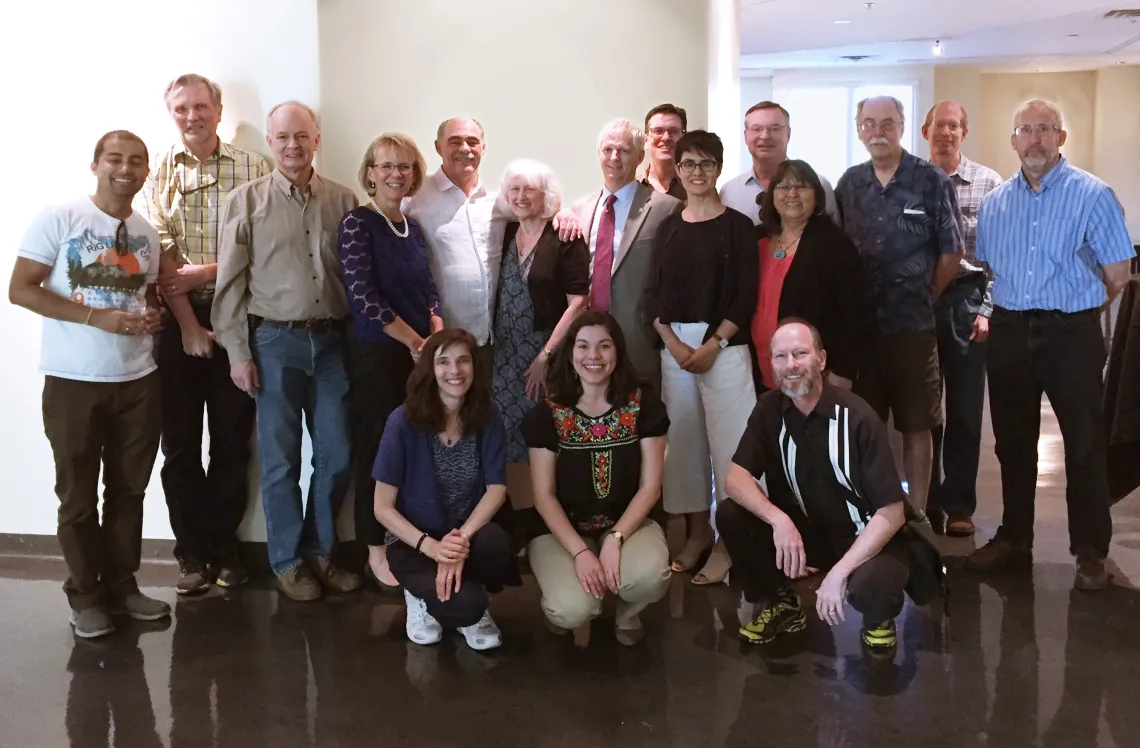 From left to right: Bhuwan Thapa, Robert Merideth, Stephen Cornell, Kimberly Espy, Robert Varady, Evie Varady, Andrew Comrie, Christopher Scott, Laura López-Hoffman, Brinton Milward, Joan Timeche, Karl Flessa, Phil Lemanski, and Kevin Lansey. Lower row: Stephanie Buechler, America Lutz Ley, and Gregg Garfin