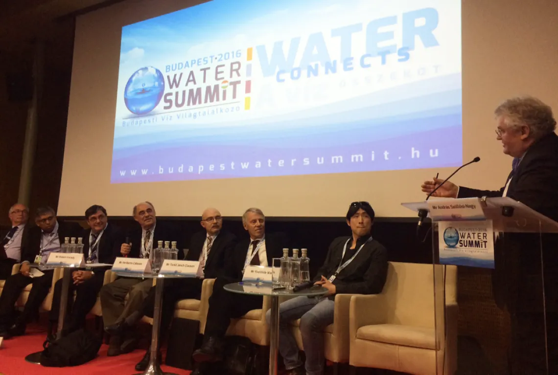 High-level panel for Science and Technology Forum (Varady, fourth from left; chair András Szöllösi-Nagy, right; photo by S. Megdal)