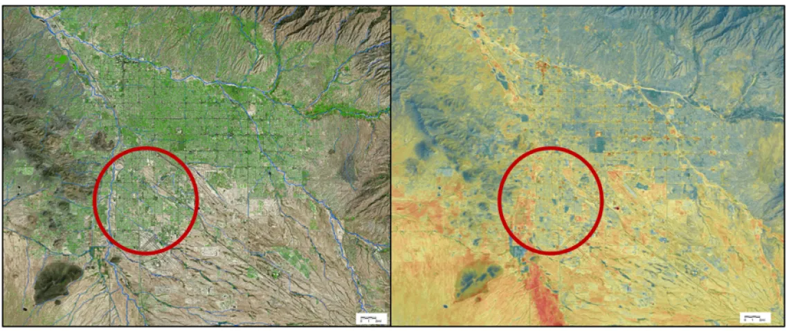 Relationship between tree canopy and surface temperature in the south side of Tucson (red circle). Right: Tree canopy cover (shown in a green gradient) is disproportionately low. Left: Regional surface temperature (red and yellow colors show higher temperatures) is higher in this area (maps from Pima Association of Governments) 