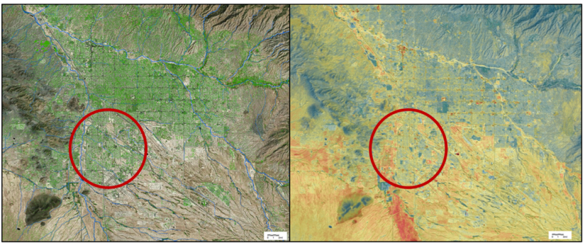 Relationship between tree canopy and surface temperature in the south side of Tucson (red circle). Right: Tree canopy cover (shown in a green gradient) is disproportionately low. Left: Regional surface temperature (red and yellow colors show higher temperatures) is higher in this area (maps from Pima Association of Governments) 