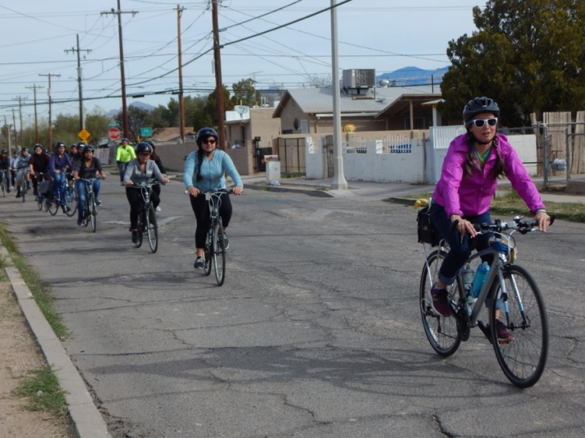 Joaquin Murrieta and Rebeka Denson guided a bike tour with Hollinger middle school students along Liberty Boulevard, Tucson