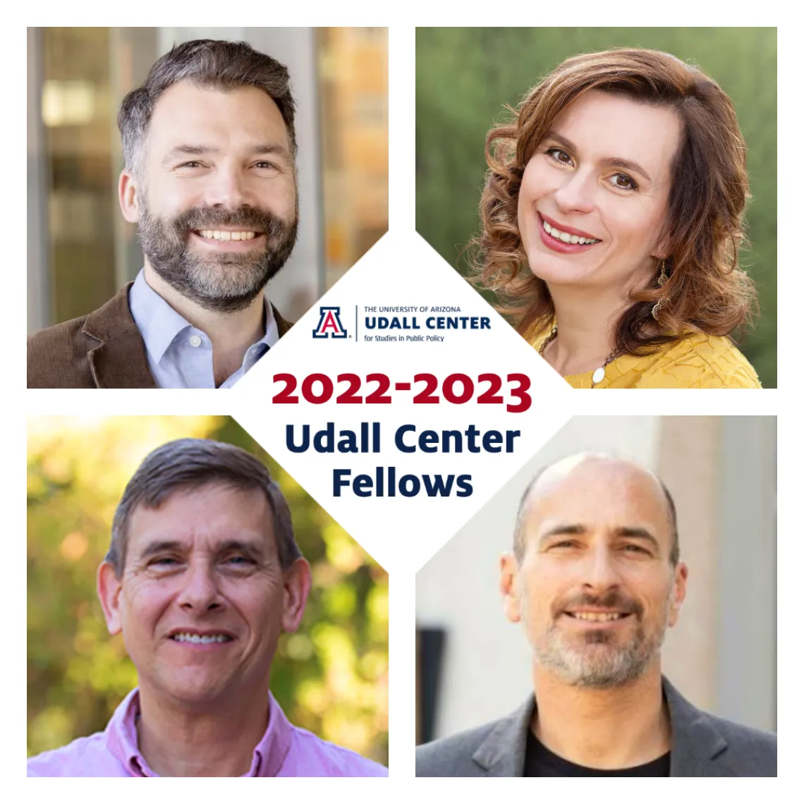 A collage of photos of the 2022-23 Udall Fellows Jonathan Bean, Jamie Edgin, David Pietz, and Sergio Puig