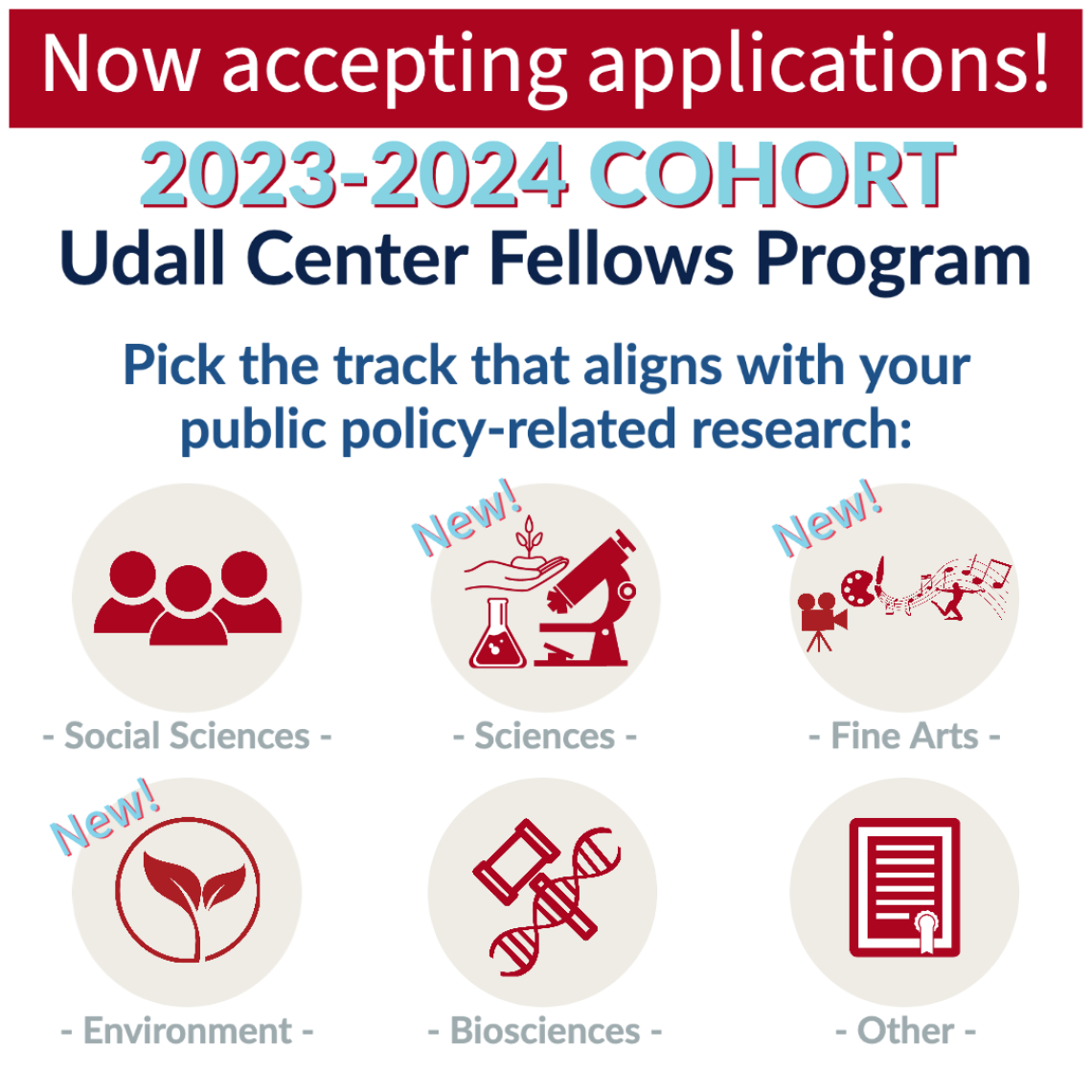 Udall Fellows can apply for one of six research tracks: social science, sciences, fine arts, environment, biosciences, and there is a catch-all category for other types of research