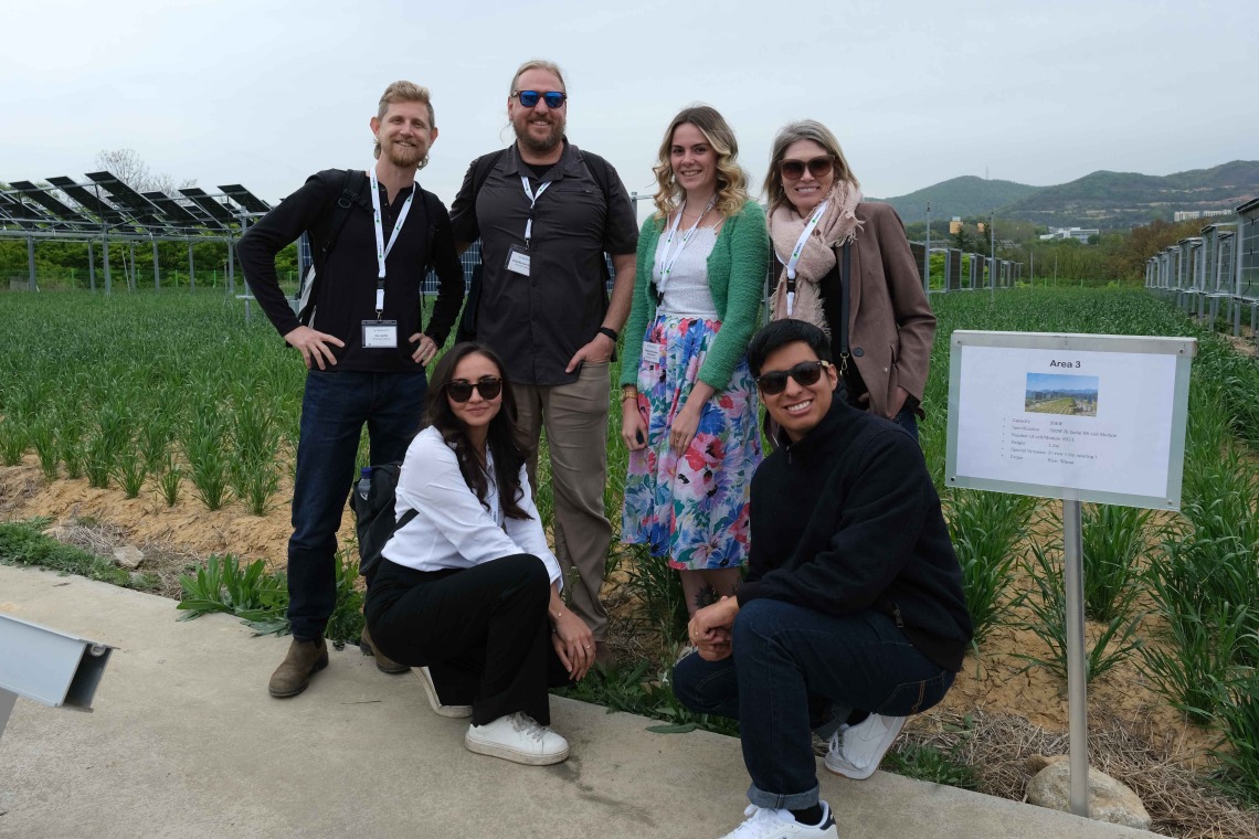 Six UArizona representatives pose in front of a field of solar panels in Daegu, South Korea.