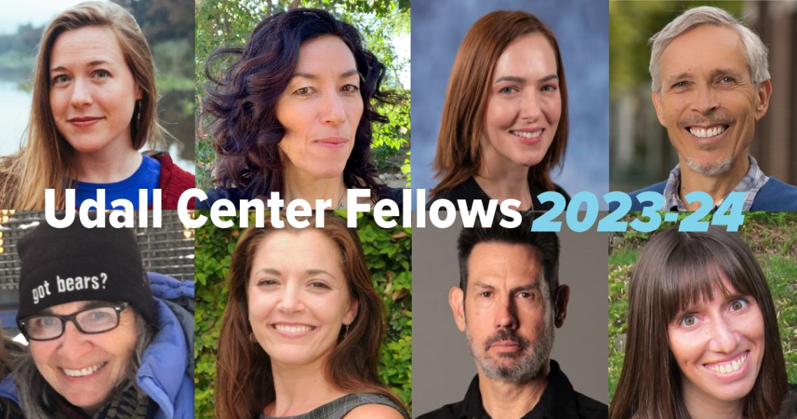 A four by two grid of square headshots of this year's Udall Center Fellows with the text "Udall Center Fellows 2023-24" in the center