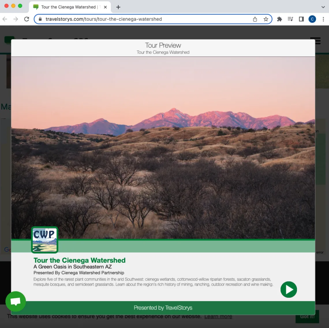 A screenshot of the virtual Tour of the Cienega Watershed shows pink mountains behind high-desert scrub land. A green and white banner at the bottom features the Cienega Watershed Partnership logo and an invitation to "Tour the Cienega Watershed."