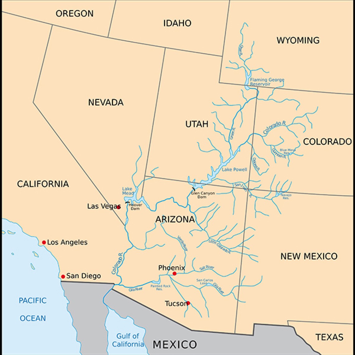 A map of the southwestern United States in beige with the Colorado River and its tributaries highlighted in light blue. Shows the river flowing from Wyoming, south into Utah and Colorado, then in to Nevada, California, Arizona and New Mexico before reaching its terminus in the Gulf of California.
