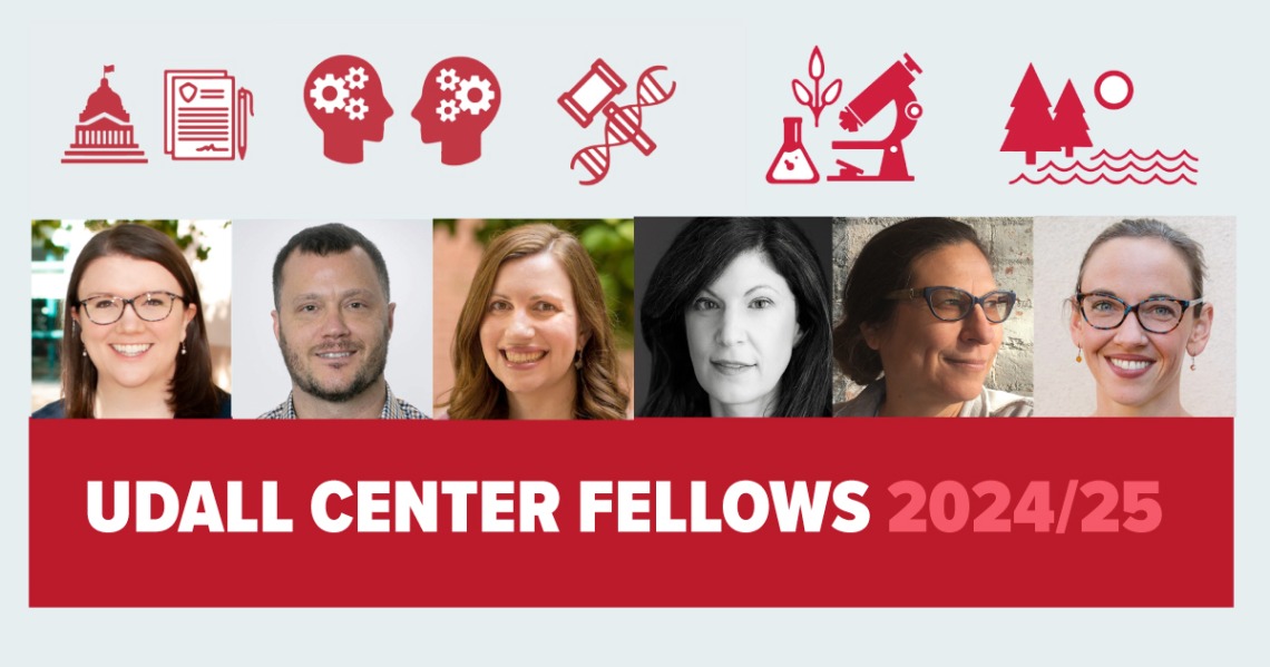 Grid showing square portraits of UC Fellows in a line. White text in red box reads "Udall Center Fellows 2024-25"