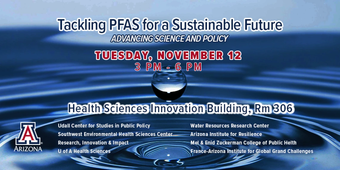 Image of a water droplet with details about the Nov 12, 2024 PFAS event