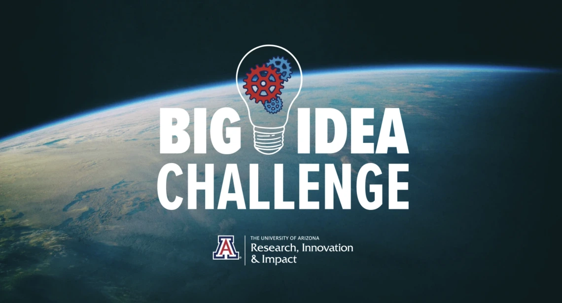 Big Idea Challenge Logo with a light bulb with red and blue gears inside overlaid on a photo of Earth from space.