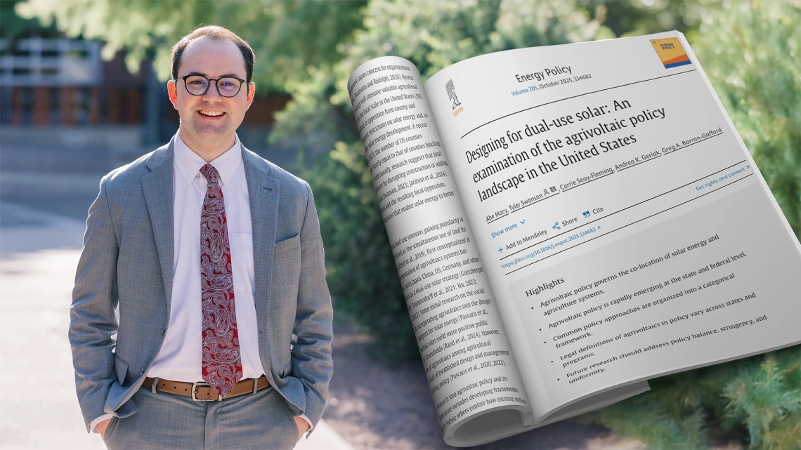 Portrait of Abe Macy in a gray suit outdoors next to a mockup of his journal article