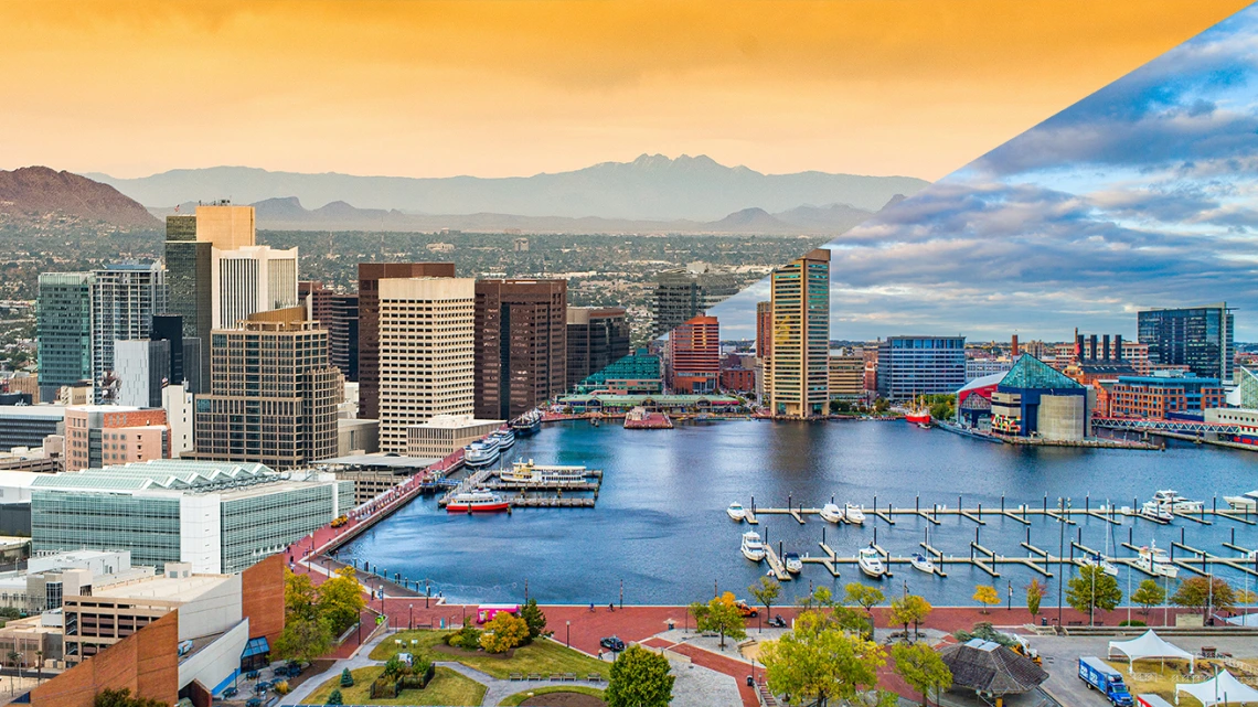 Image split diagonally with downtown Phoenix on the top left and downtown Baltimore on the bottom right.