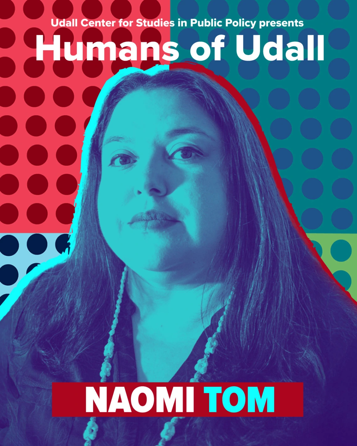 Multi-colored graphic showing a portrait of Naomi Tom with a blue tone