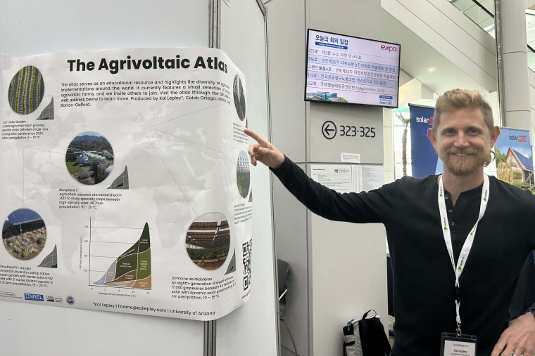 Kai Lepley points at his "Agrivoltaic Atlas" poster while presenting at the agrivoltaic conference.