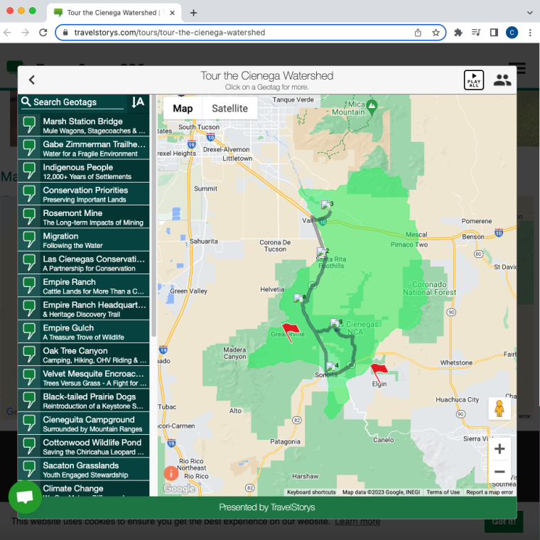 A screenshot inside the Cienega Watershed Virtual Tour shows the route of the tour and area of the Watershed with Tour sections broken out in the left-hand column in dark green.