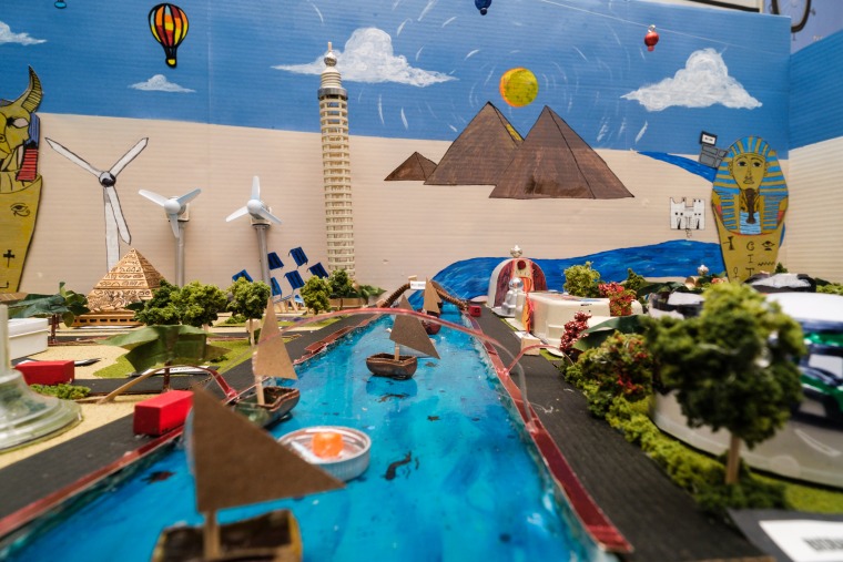 A closeup of an elaborate diorama depicting a group of students' collective vision for Cairo, Egypt.