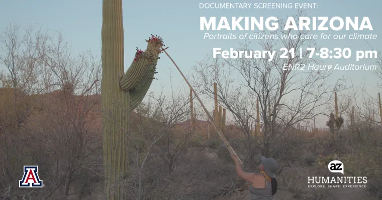 A screenshot from the film shows Jacelle Ramon-Sauberan harvesting saguaro fruit. Text on the image offers details about the premiere screening in Tucson.