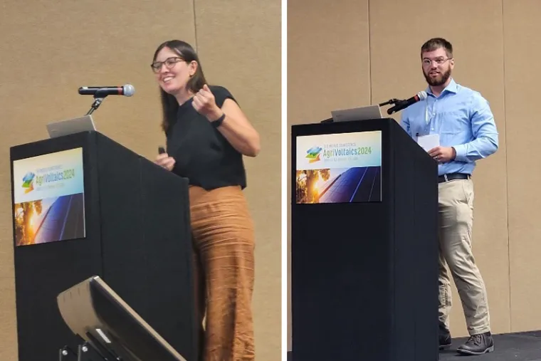 A split screen image divded vertically shows Carrie Seay-Fleming and Tyler Swanson speaking behind a black AWC 2024 Conference podium.