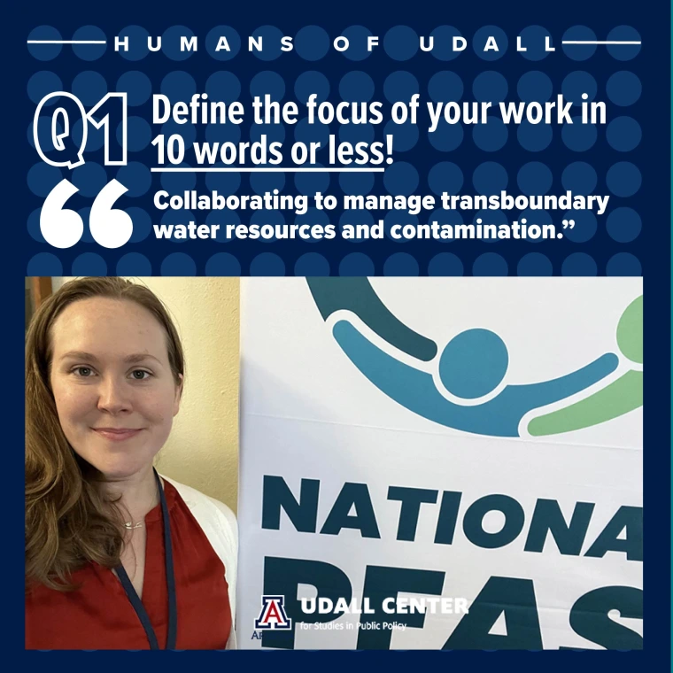 Image of Gemma Smith by a white banner that reads "National PFAS Conference"