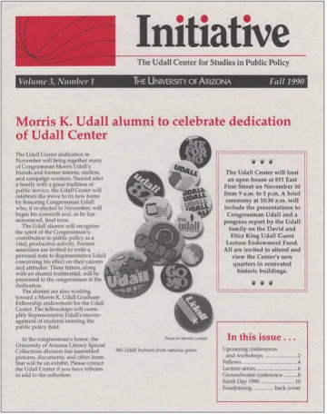 Newsletter cover from 1990 with the headline "Morris K. Udall alumni to celebrate dedication of Udall Center" with an image of campaign pins that say "Udall"