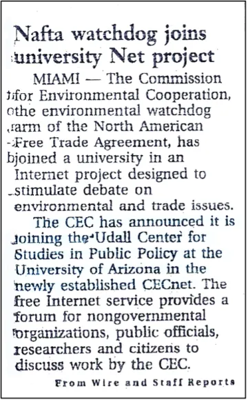 Photo of a clip from the 1997 Journal of Commerce announcing the Udall Center's partnership with CEC to form CECnet.