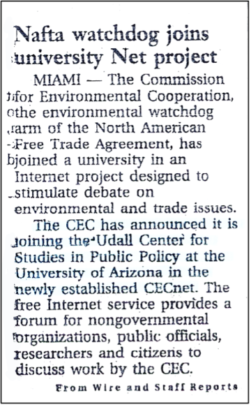 Photo of a clip from the 1997 Journal of Commerce announcing the Udall Center's partnership with CEC to form CECnet.