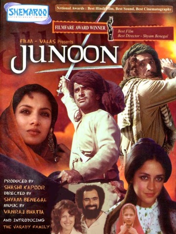 A movie poster for the folm 'Junoon' shows two male actors with swords, two female actors including one wearing a traditional Indian headscarf, a child in a headscarf and Bob and his wife Evie at the bottom.
