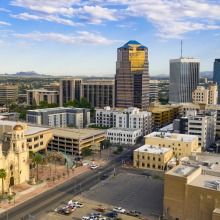 Aerial image of downtown Tucson in daylight.
