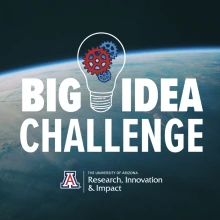 Big Idea Challenge Logo with a light bulb with red and blue gears inside overlaid on a photo of Earth from space.