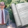 Portrait of Abe Macy in a gray suit outdoors next to a mockup of his journal article